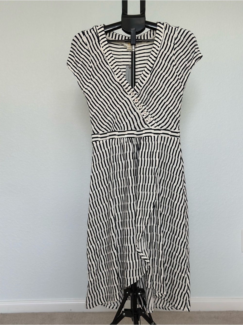 Anthropologie Black and White Striped Wrap-Style Midi Dress
